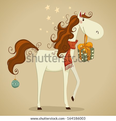 White horse in a red scarf with a gift.