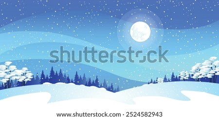 Snowy night with pines forest along the downhill and fullmoon in the sky