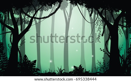 Illustration of Deep Forest, Jungle Silhouette at Night with Sparkles