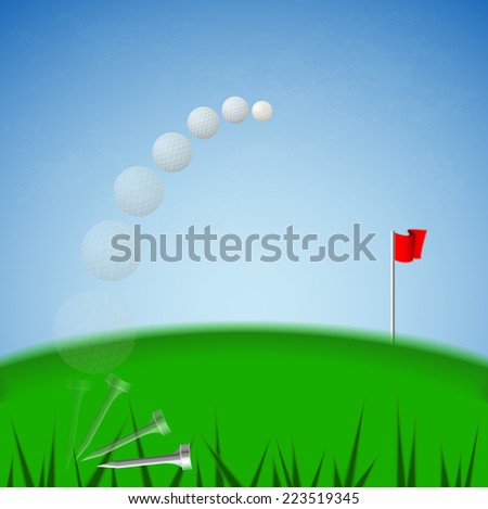 Illustration vector of white golf ball that it is moving from tee to red fold flag target on green court and blue sky background (EPS10 separate part by part)