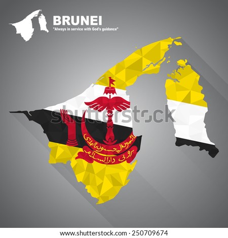 Brunei flag overlay on Brunei map with polygonal and long tail shadow style (EPS10 art vector)