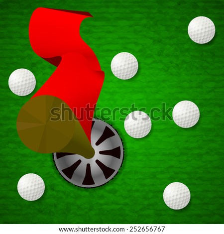Many of white golf ball around the golf hole with red flag on green grass background.(EPS10 separate part by part)