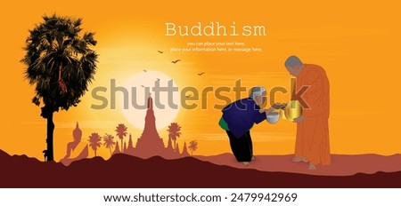 Monk going out for alms in the morning It is an activity that must be done in Buddhism, on the day of Buddhist Lent vector illustration background - Magha Puja, Asanha Puja, Vesak Puja Day