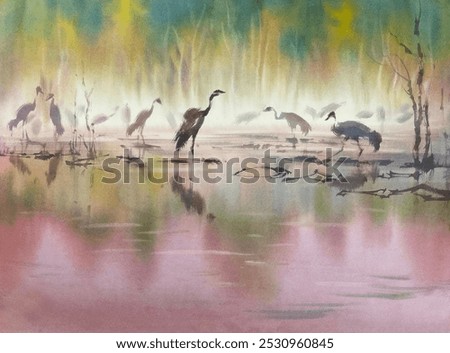 Similar – Image, Stock Photo Cranes in group flight in front of a blue sky with clouds