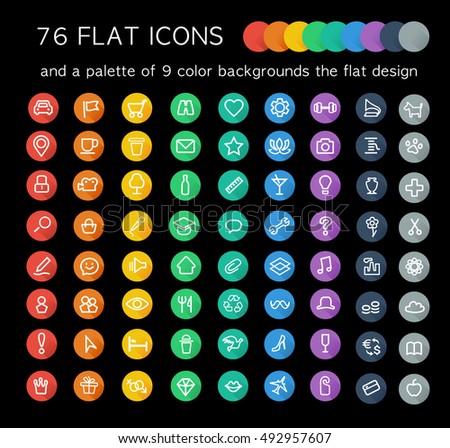 The universal thematic set of flat icons for mobile apps, web interface and a palette of nine color backgrounds the flat design. Vector illustration