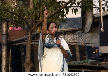 West Bengal Chief Minister Mamata Banerjee addressing her party member on occasion of rally demanding the return of money to the sufferers of Chitfund scam on November 24, 2014 in Calcutta, India.