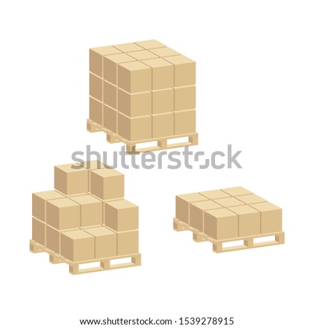 Set of cardboard boxes packed on pallets.Isometric and 3D view.