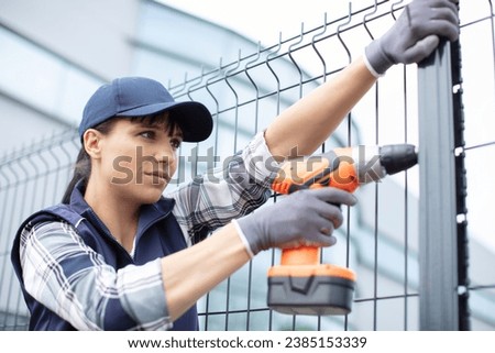 Image, Stock Photo Woman on fence in mountainous area
