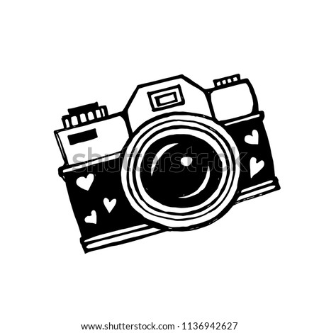 Camera with lens decorated with hearts. Vector illustration. 