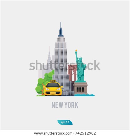 Illustration of New York City, vector landscape of buildings, bridge, city taxi and the Statue of Liberty, flat and modern design