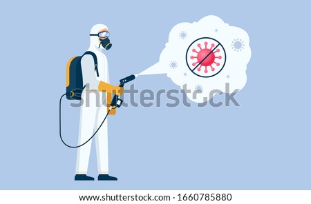 Disinfectant worker wear protective mask and suit sprays coronavirus or covid-19
