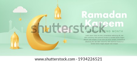 Minimal Ramadan Kareem horizontal banners with 3d crescent moon with hanging traditional lanterns. Vector Illustration for greeting card, poster, ramadan sales and voucher.