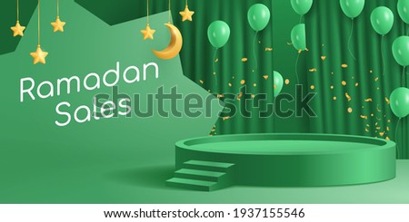 Islami green podium for ramadan sales. Podium, crescent moon, ballon, eid fitr adha, mawlid, isra miraj, muharram