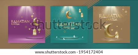 3d Islamic set square banner for ramadan kareem in purple, green, and gold background with crescent moon, lanter, stars, platform or podium, ketupat, islamic pattern. for social media feed or post