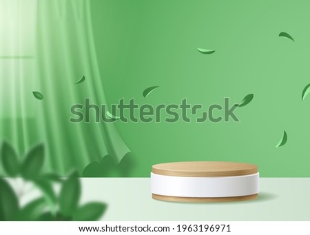 Natural 3d Podium for product display. Wooden Podium in green wall interior with curtains, window, leaves. 3d render vector