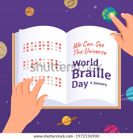 Blind poeple's hand touch Braille Book for World Braille Day celebration banner. Vector Illustration of blind people see the world and universe through braille book