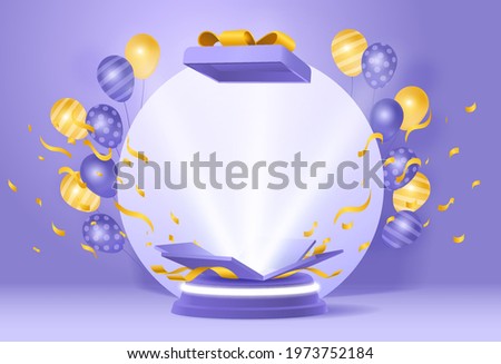 Fun giveaway birthyday podium with ballons and opened gift box againts purple wall background for product display, celebration, competition, winner. 3d render podium vector