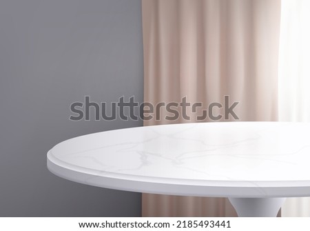 Realistic white circle marble ceramic table vector with brown and white curtain hanging by the window againts gray wall for product display. Empty white round table