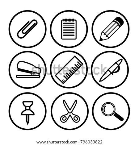 Set of 9 tools icons set. Collection of stapler, pencil, button, pen, notebook, clip, magnifier, ruler.