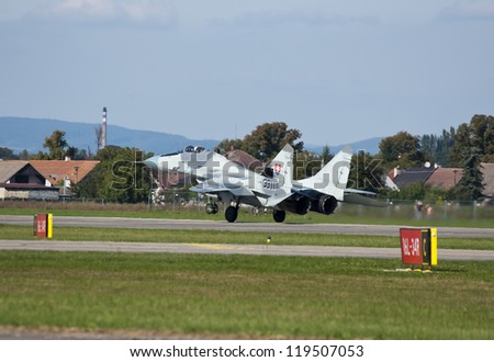 HRADEC KRALOVE, CZECH REPUBLIC - SEPT 9: Jet fighter Mig-29 piloted by Bukovski in Czech International Air Fest Air Show at airfield in Hradec Kralove, Czech Republic on September 9, 2012