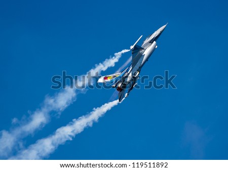 HRADEC KRALOVE, CZECH REPUBLIC - SEPT 9: Airplane General Dynamics F-16 Fighting Falcon in Czech International Air Fest Air Show at airfield in Hradec Kralove, Czech Republic on September 9, 20126
