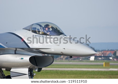 HRADEC KRALOVE, CZECH REPUBLIC - SEPT 9: Airplane General Dynamics F-16 Fighting Falcon in Czech International Air Fest Air Show at airfield in Hradec Kralove, Czech Republic on September 9, 2012