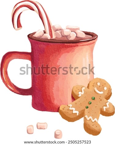 Watercolor-style Christmas cup with cacao with marshmallows and ginger bread