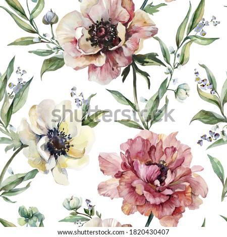 Beautiful peony, anemone flowers with leaves on background. Seamless floral pattern, border. Watercolor painting. Hand drawn illustration. Design for fabric, wallpaper, bed linen, greeting card design
