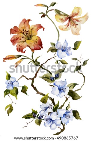 Orange tiger lilies and blue flowers on the white background. Watercolor painting. 