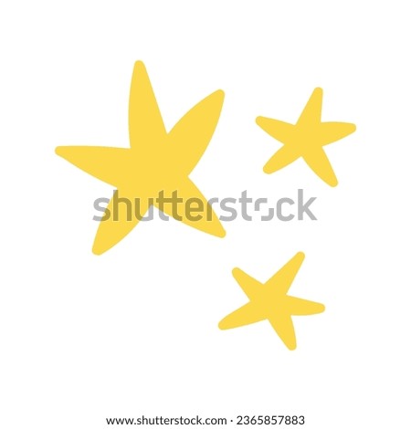 Three five-pointed cute yellow stars isolated on a white background. Kawaii hand drawn elements, children's illustration.
