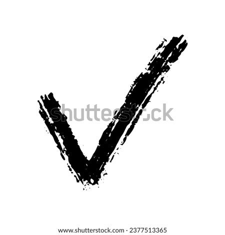 Thin grunge graphic sign isolated on white background. Black textured checkmark element, confirmation and approval, upvote.