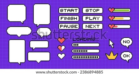 Clipart set of pixel elements in 8-bit style on a bright purple background. Dialog boxes of different shapes and sizes, loading lines, life icons, crown, pointer and buttons.