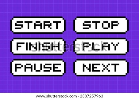 Clipart set of pixel elements in 8-bit style on a bright purple checkered background. Dialog boxes of different shapes and sizes, retro game buttons.