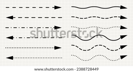 A set of straight thin black arrows of different shapes. Minimalistic dotted signs, playful lines isolated on notebook sheet background.