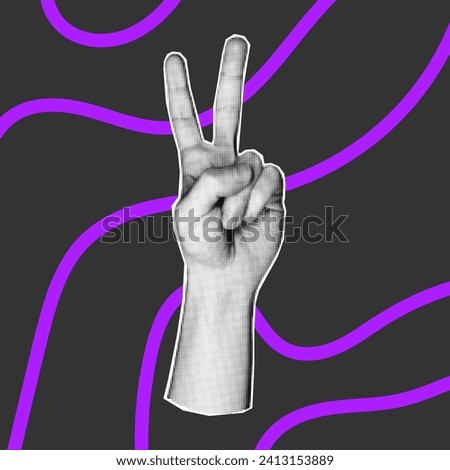 Vector element in retro halftone style on a dark background, bright purple doodle lines. Hand gesture with two fingers, counting by bending fingers. Pop art paper cut elements.