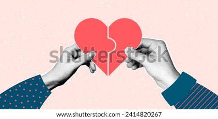 Halftone collage banner, male and female hands holding puzzles in the shape of heart halves. Magazine cut out paper elements, concept of finding your soulmate.