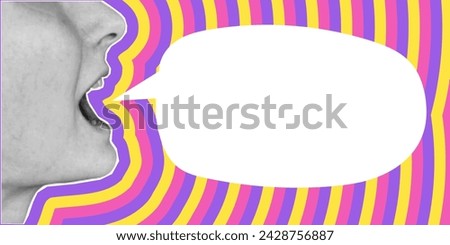 Bright template for a banner in retro style. Halftone collage element, talking head, open mouth cut out of paper. Pop-up dialog cloud, bright multi-colored stripes, Speech bubble.