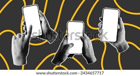 Retro halftone collage, fashion banner. Set of hands with a phone on a dark background, yellow doodle lines. Scrolling, social media, trendy retro vector image.