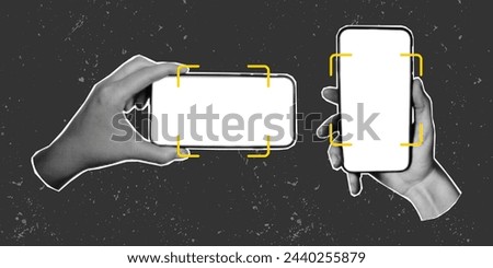 Set of retro halftone collages of a hands with a phone. Scrolling, social networks, vector image on a textured grunge gritty background. Place for QR code and yellow frame, scan.