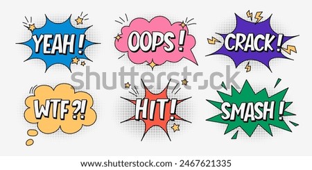 A set of multi-colored speech bubbles with expressive inscriptions, clouds and explosions in a comic style on a white background. Retro banner in pop art style with halftone shadows, doodle elements.