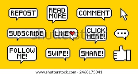 A set of stickers for social networks in pixel style. Call-To-Action speech bubbles with text: swipe, comment, subscribe, like, share and others. 8 bit elements on a yellow background.