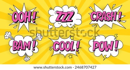 A set of speech bubbles with expressive pink lettering, clouds and explosions in a comic book style on a bright yellow background. Retro banner in pop art style with halftone shadows, doodle elements