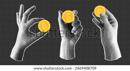 Set of halftone collage with hands holding coins, euro, dollar and bitcoin. Banner with concept of payment and financial planning, saving. Paper element on a dark checkered background.