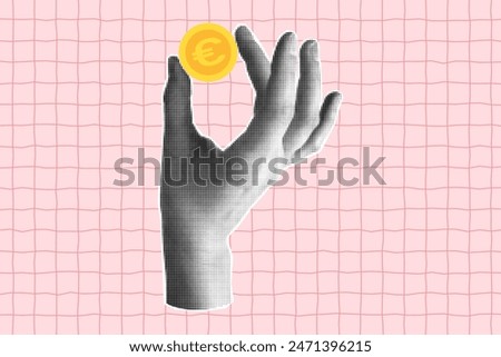 Halftone collage with a hand holding a euro coin. Banner with concept of payment and financial planning, saving, business. Cut out element on a pink checkered background.