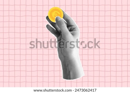 Halftone collage with a hand holding a euro coin. Banner with concept of payment and financial planning, saving, online shopping. Cut out element on a pink checkered background.