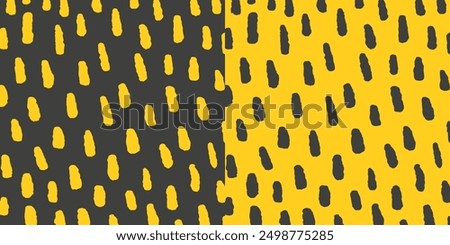 Set of two hand drawn square patterns, chaotic vertical textured scratches on black and yellow background. Pencil textured strokes and dots, rain, vector sketch.