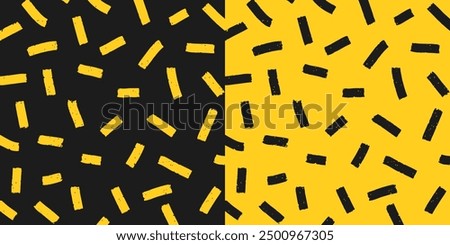 Set of two hand drawn square patterns, chaotic textured scratches on black and yellow background. Pencil textured strokes and dots, rain, vector sketch.