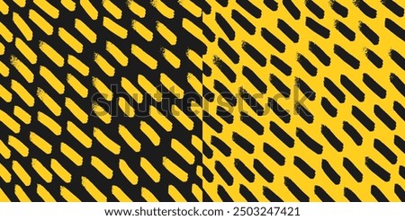 Set of two hand drawn square patterns, chaotic diagonal textured scratches on black and yellow background. Pencil textured strokes and dots, vector sketch.