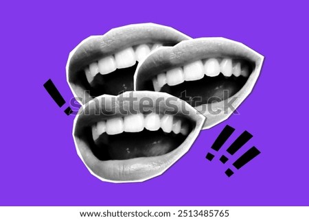 Halftone collage banner, smiling laughing mouths and exclamation marks on purple background. Newspaper cutout paper elements, statement, dialogue.