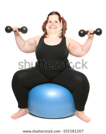 Happy Overweight Woman Workout Biceps On A Blue Ball. Body Building ...